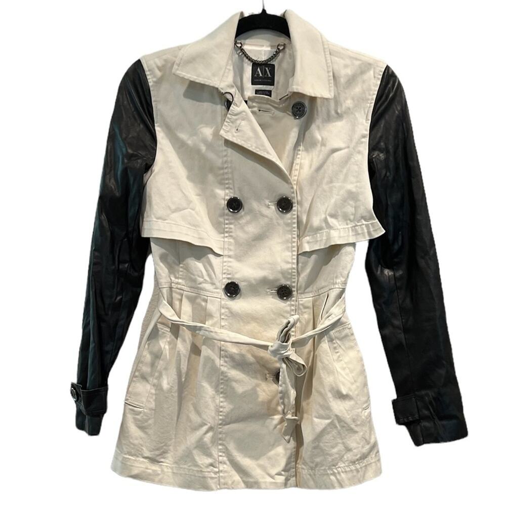 Armani Exchange Trench Coat XS Beige Black Faux Leather Sleeve Women’s Jacket